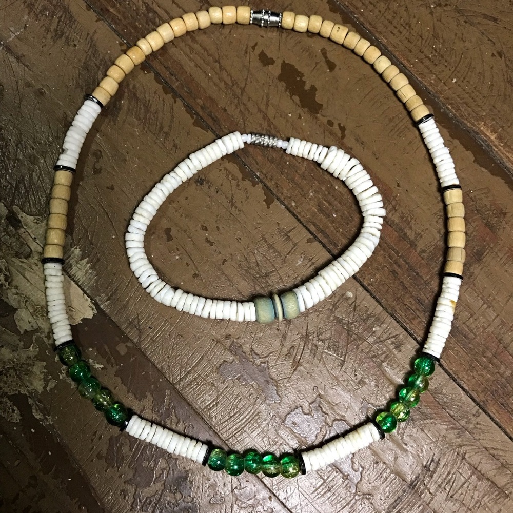 Beachy Summer Green and White Heishi Beaded Necklace and Bracelet Set